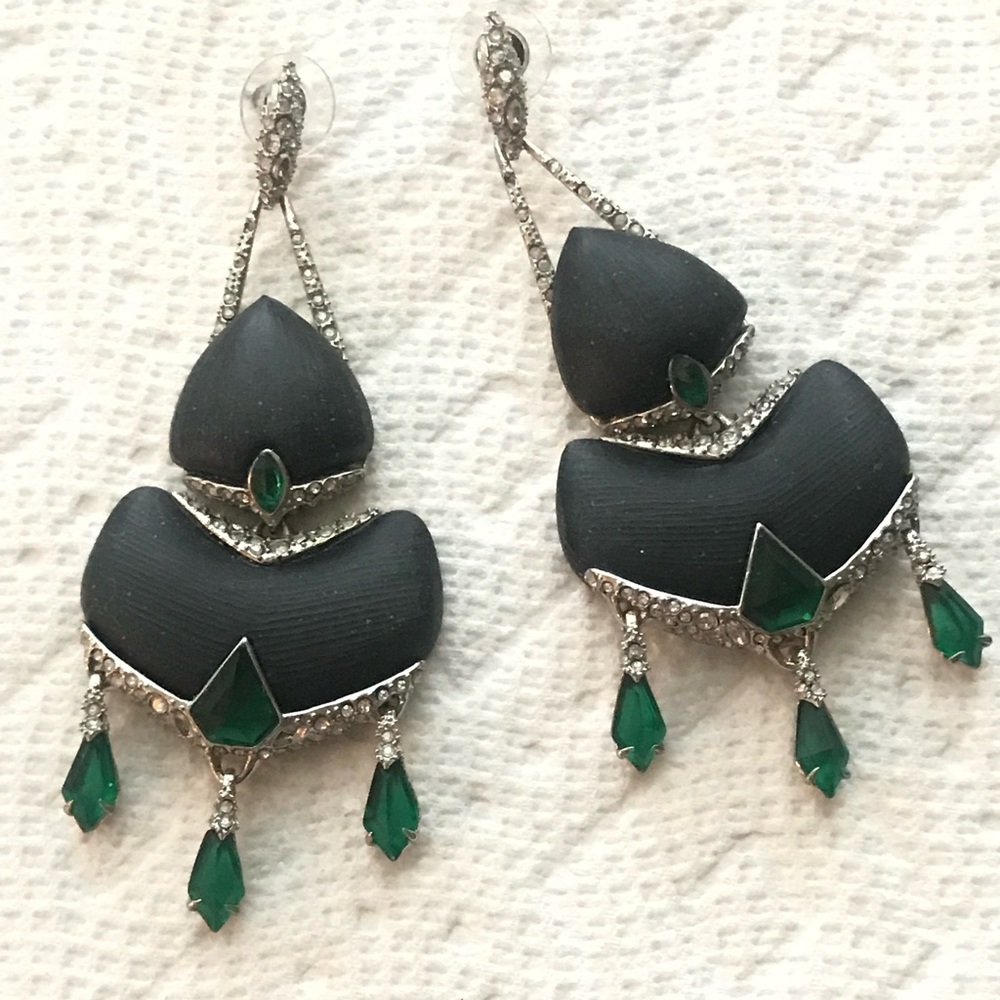 Alexis Bittar black lucite pierced earrings w/green stones & crystals in silver